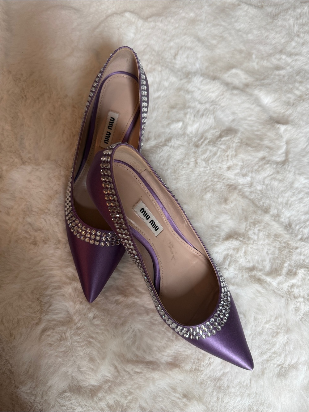 Miu Miu Purple Satin Crystal-Embellished Pointed Pumps - Picture 6 of 6